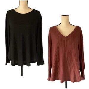 SHEIN Curve Women’s 2 Long Sleeve Waffle Knit Sweaters Black/Burnt Sienna 3XL